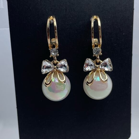 Opalescent Faux Pearl with Crystal Bow Earrings - Picture 1 of 7